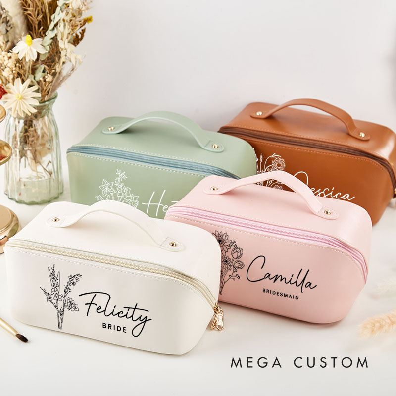 Personalized Bridesmaid Birth Flower Makeup Bag Bride Moth Wildflower Cosmetic Bag Wedding Flower Toiletry Pouch