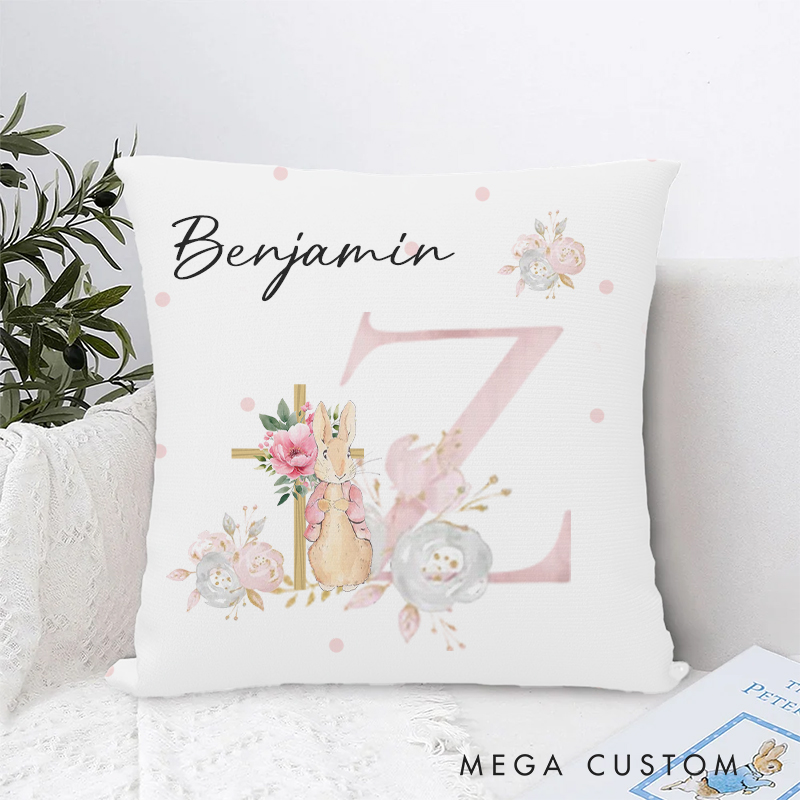 Personalized Cute Peter Rabbit Floral Cross Initial Throw Pillow with Name Home Decor Christian Baptism Gift Birthday Gift for Kids Easter Gift