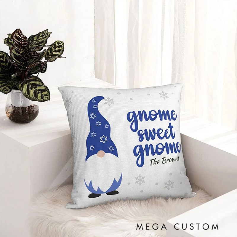 Personalized Cute Blue Gnome Throw Pillow with Name Home Decor Birthday Hanukkah Gift for Jewish Family Friend