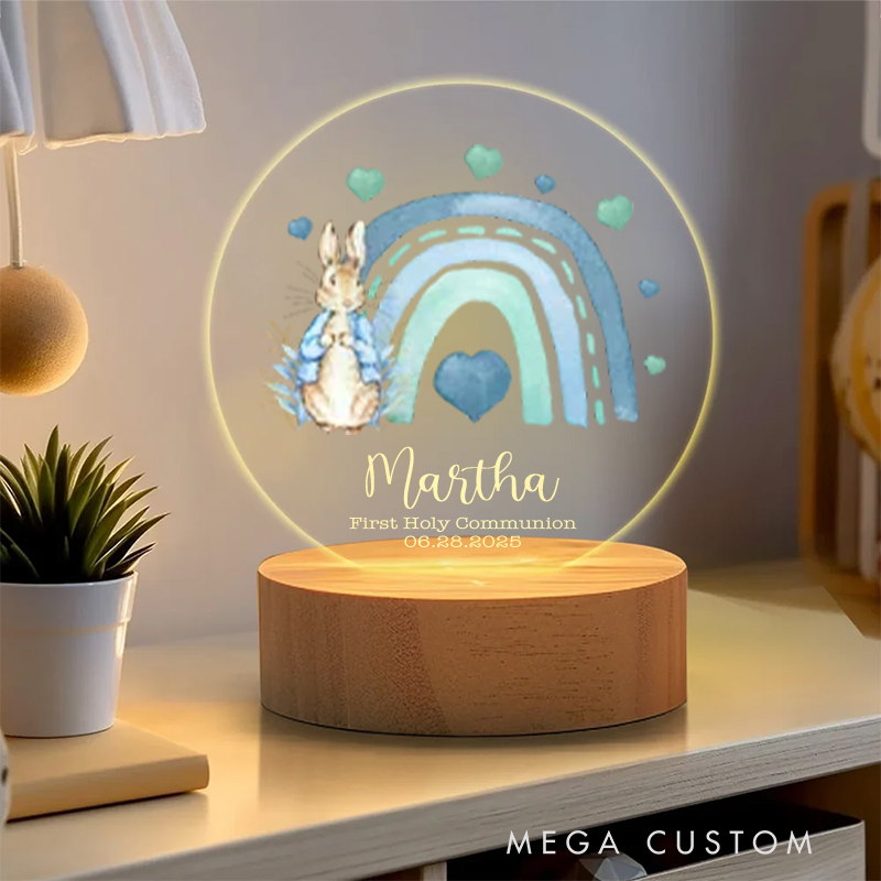 Personalized Rainbow Initial Floral Peter Rabbit LED Night Light with Wooden Base and Name Date Nursery Decor First Holy Communion Easter Gift for Kid