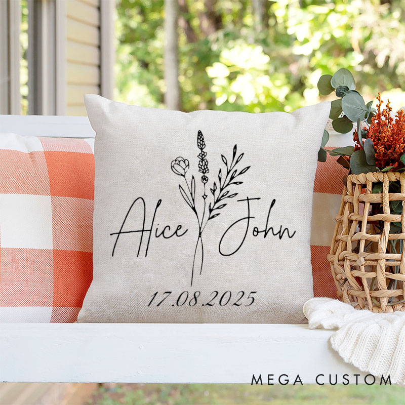 Personalized Elegant Floral Pillow for Wedding Couple