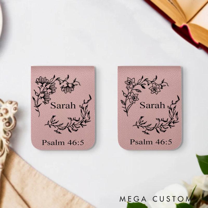 Personalized Birth Flower Wreath Magnetic Leather Bookmark Clip with Name Bible Verse Christmas Gift for Book Lover