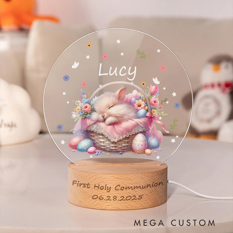 Personalized Cute Sleeping Bunny In A Basket LED Night Light with Wooden Base and Name Date Nursery Decor First Holy Communion Easter Gift for Kid