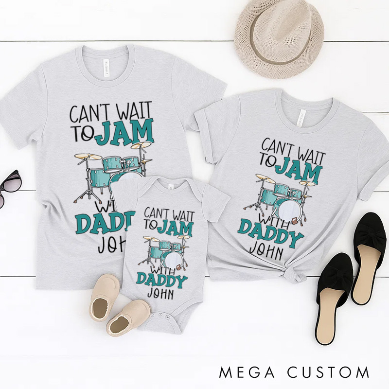 Personalized Daddy and Me Drum Set Classic T-shirt Cute Jam with Dad Matching Family Gift for Fathers Day New Dad Kid Baby Custom Name Unisex Top