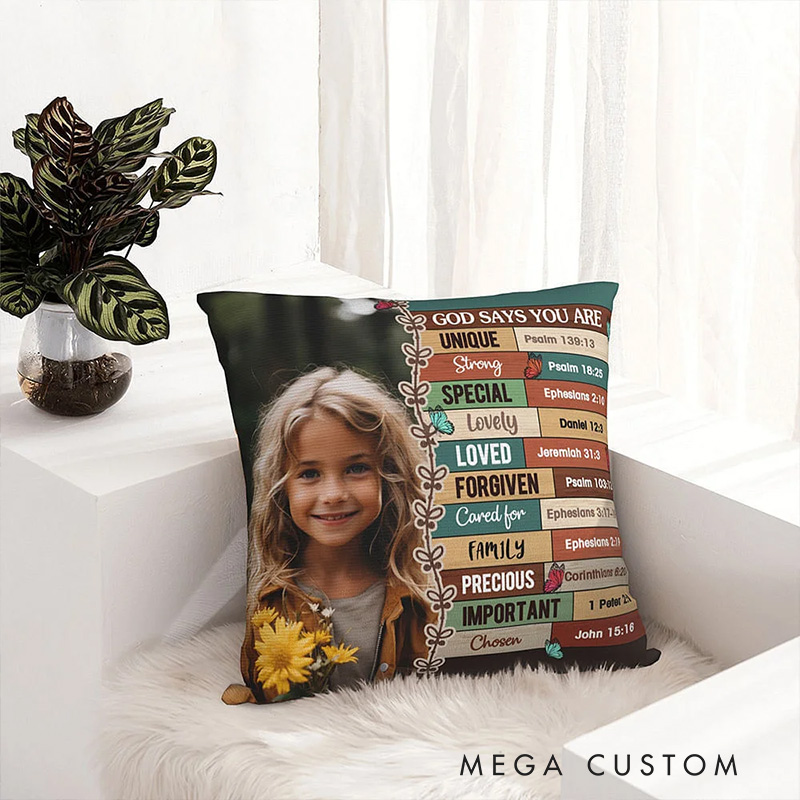 Personalized God Says You Are Bible Verse Affirmation Throw Pillow with Photo Religious Inspirational Christian Gift for Kids
