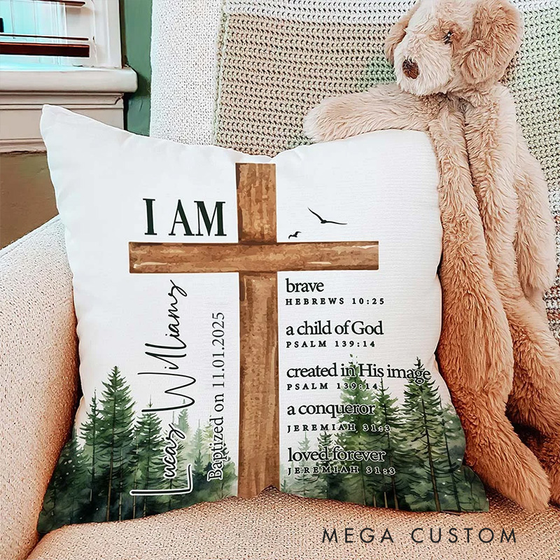 Personalized Forest Cross Bible Verse Throw Pillow with Name Home Decor Christening Gift Birthday Gift for Boys