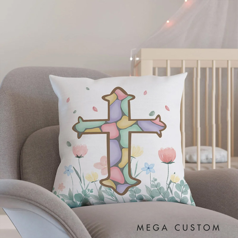 Personalized Easter Theme Cross Throw Pillow with Name Soft Home Decoration Religious Gift Easter Gift for Girls