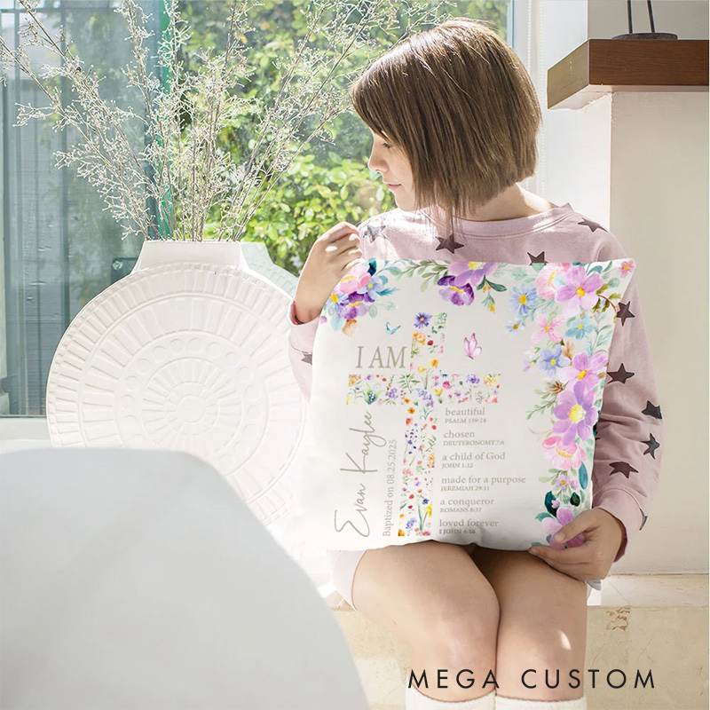 Personalized Floral Cross Bible Scripture Throw Pillow with Name The First Baptism Communion Confirmation Gift for Girls