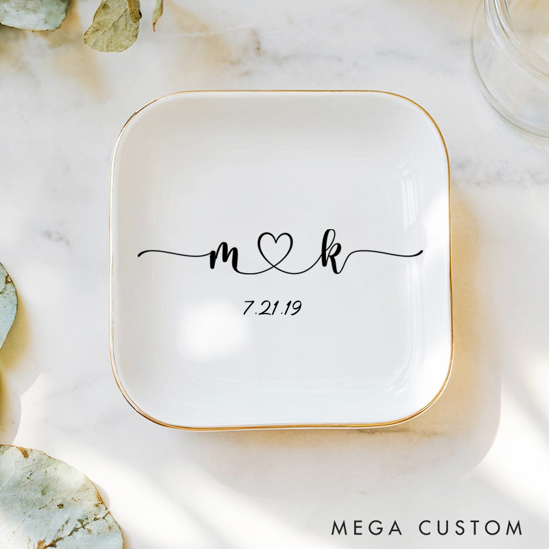 Personalized Elegant Flowing Initials with Heart and Date Wedding Engagement Gold-Trimmed Ring Dishes