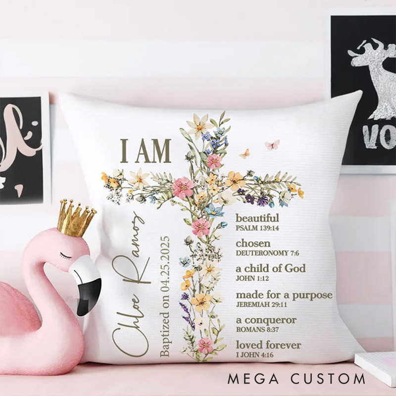 Personalized Floral Cross Bless Bible Verse Soft Throw Pillow with Name and Text Baptism First Communion Gift for Girls