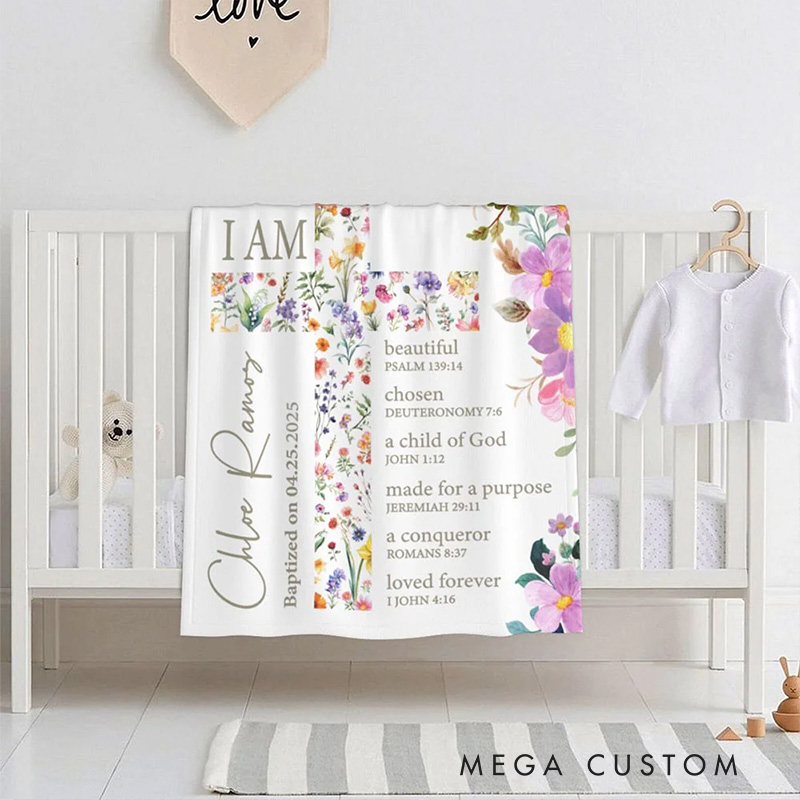 Personalized Floral Cross Bible Verse Soft Throw Blanket with Name and Text Baptism Confirmation Gift for Girls Christians