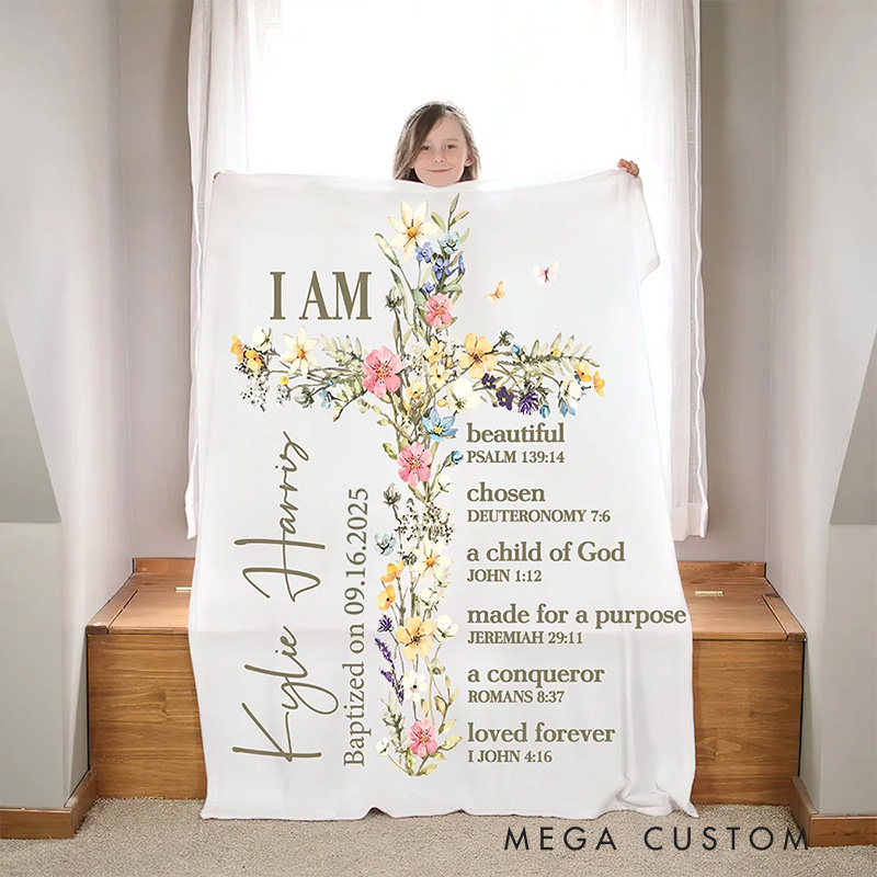 Personalized Floral Cross Bless Bible Verse Soft Throw Blanket with Name and Text Baptism Gift First Communion Gift for Girls 