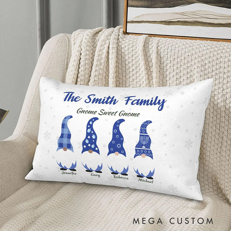 Personalized Cute Hanukkah Gnome Family Throw Pillow Cover with 1-6 Names Happy Hanukkah Gift for Jewish Family
