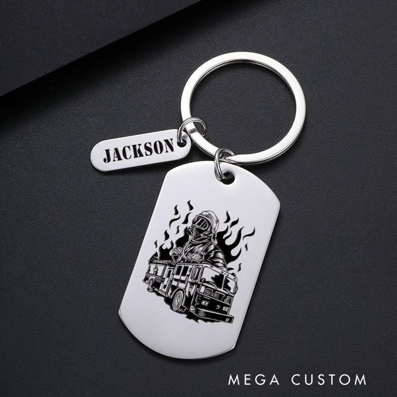 Personalized Fireman Keychain Engraved Metal Design with Firefighter and Fire Truck Illustration Gift for Firefighters