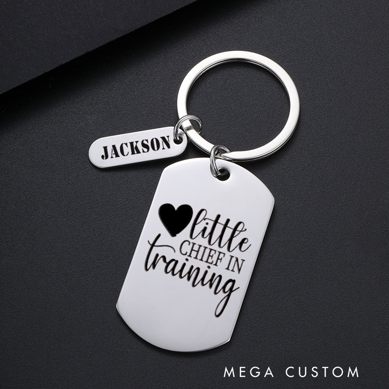 Personalized Fireman Keychain Engraved Metal Design Featuring Little Chief in Training Text with Heart Graphic Gift for Future Firefighters