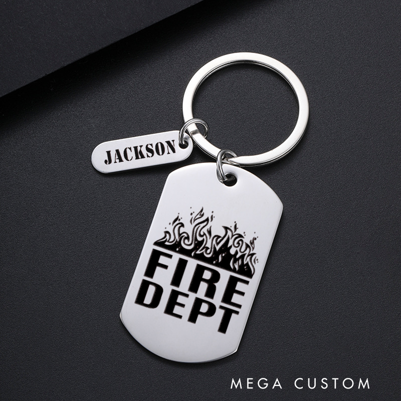 Personalized Fireman Keychain Engraved Metal Design Featuring Fire Dept Text with Flame Graphic Gift for Firefighters