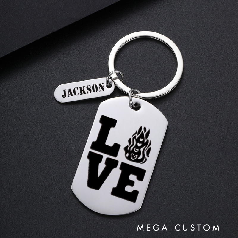 Personalized Fireman Keychain Engraved Metal Design Featuring Love Text with Flame Graphic Gift for Firefighters and Their Loved Ones