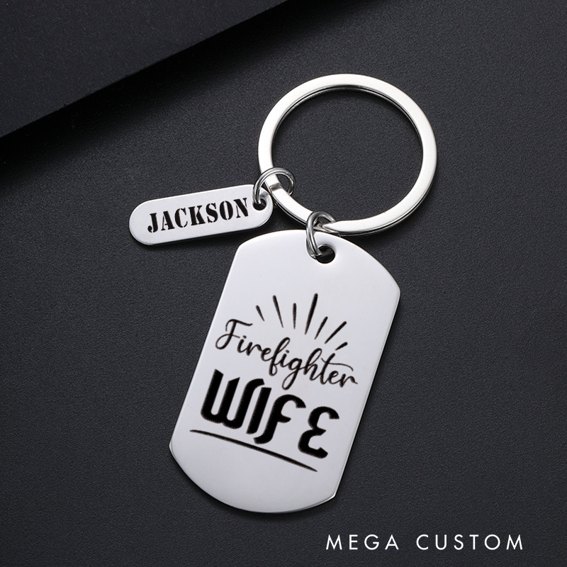 Personalized Fireman Keychain Engraved Metal Design Featuring Firefighter Wife Text with Elegant Accents Gift for Firefighters' Wives