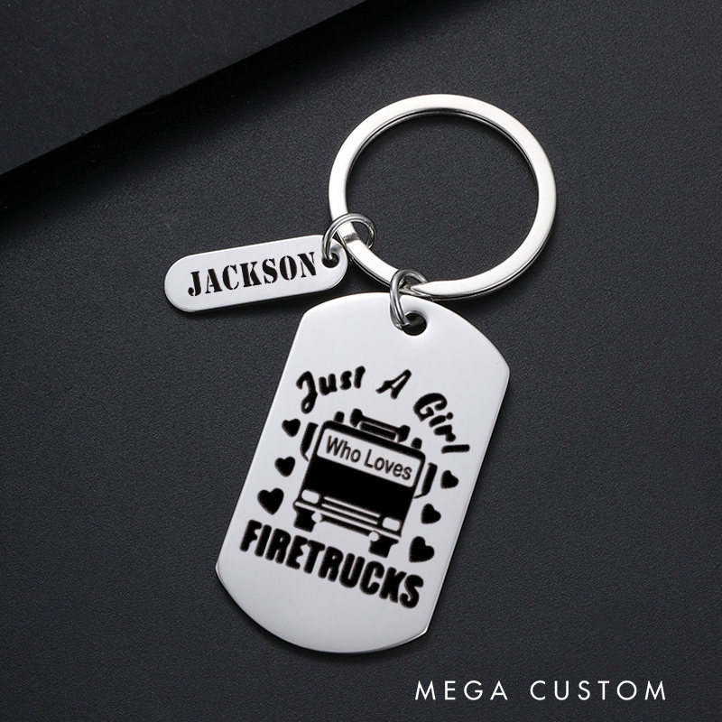 Personalized Fireman Keychain Engraved Metal Design Featuring Just a Girl Who Loves Firetrucks Text with Firetruck and Heart Graphics Gift for Firetruck Enthusiasts