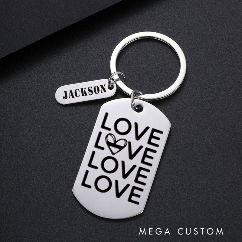 Personalized Keychain Engraved Metal Design Featuring Repeated Love Text with a Heart Graphic Gift for Loved Ones