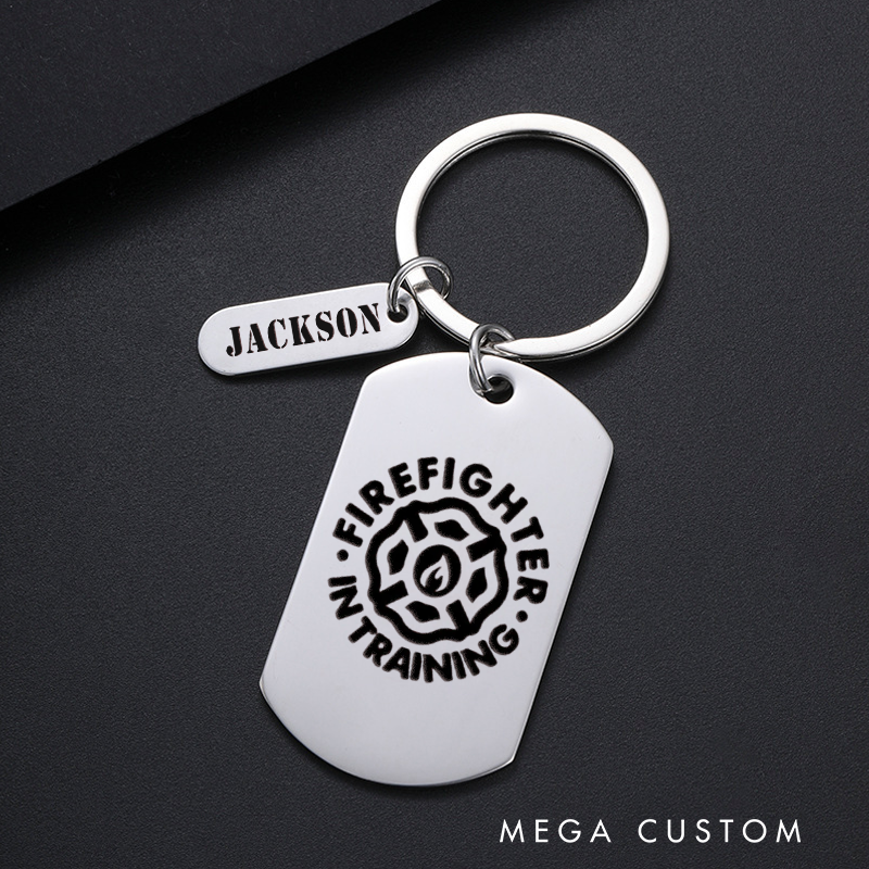 Personalized Fireman Keychain Engraved Metal Design Featuring Firefighter in Training with Firefighter Emblem Graphic Gift for Aspiring Firefighters