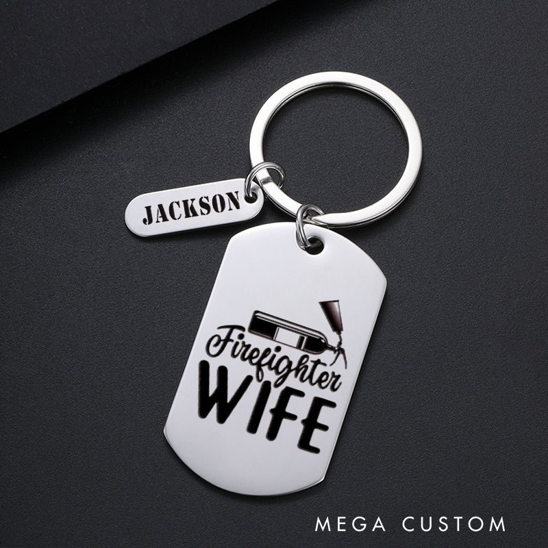 Personalized Fireman Keychain Engraved Metal Design Featuring Firefighter Wife with Fire Hose Graphic Gift for Firefighters' Wives