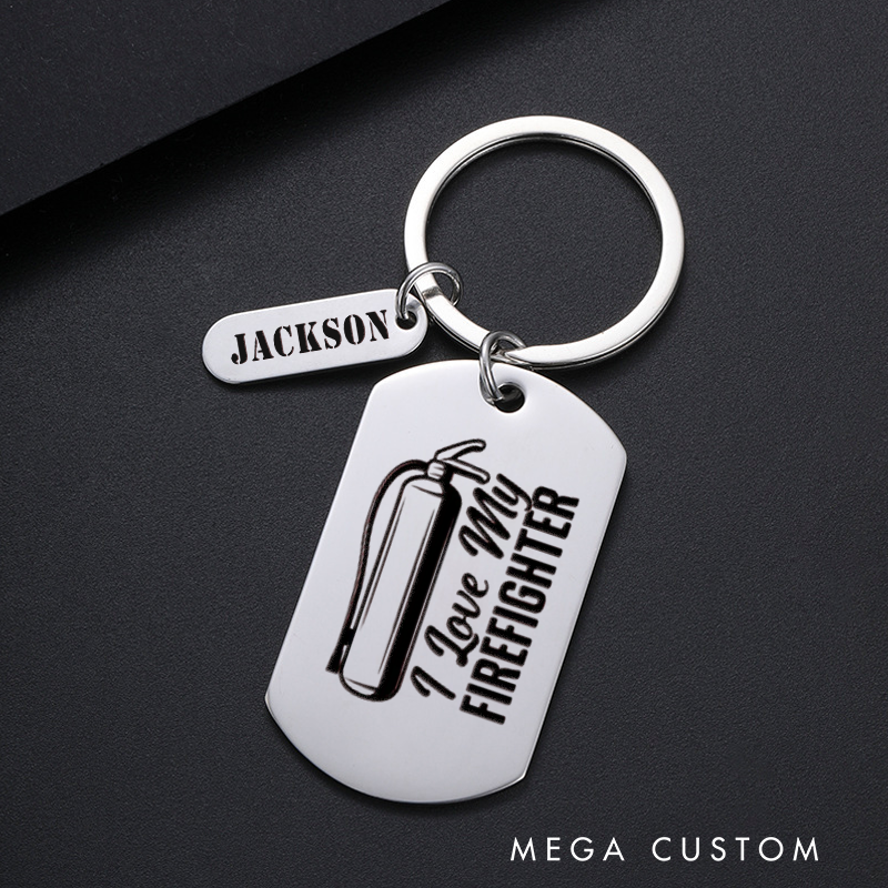 Personalized Fireman Keychain Engraved Metal Design Featuring I Love My Firefighter with Fire Extinguisher Graphic Gift for Firefighter Loved Ones