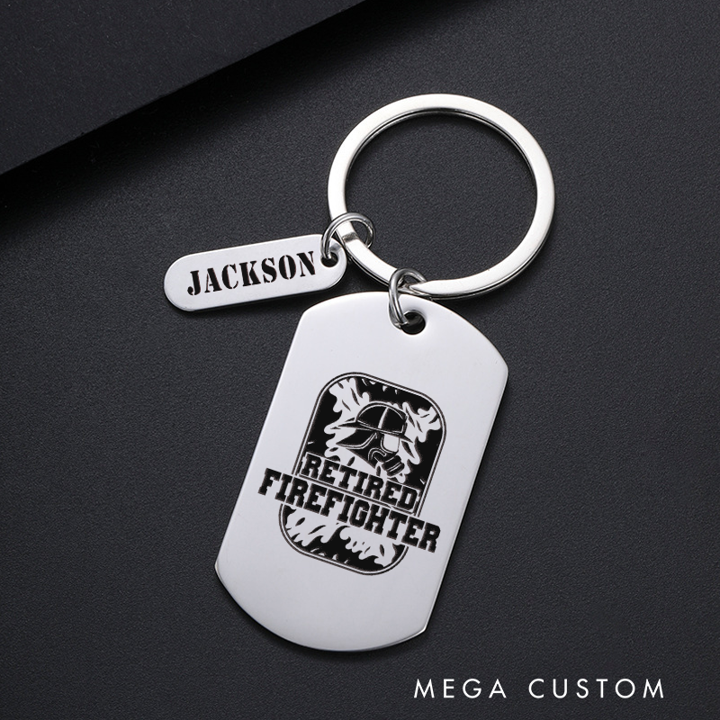 Personalized Fireman Keychain Engraved Metal Design Featuring Retired Firefighter with Firefighter Helmet and Flames Graphic Gift for Retired Firefighters