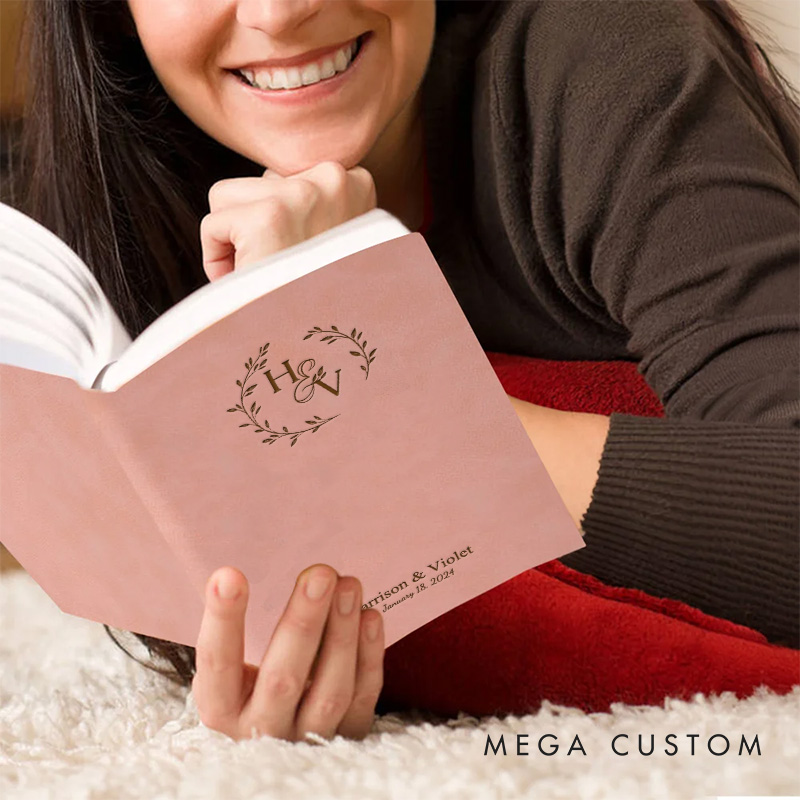 Personalized Laurel Branches with Initials and Date Wedding Couple Leather Journal Notebooks