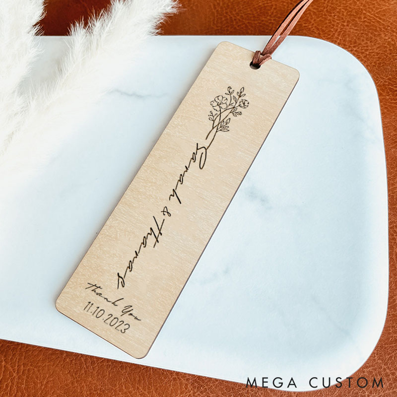 Personalized Thank You Floral Wedding Couple Wood Bookmark