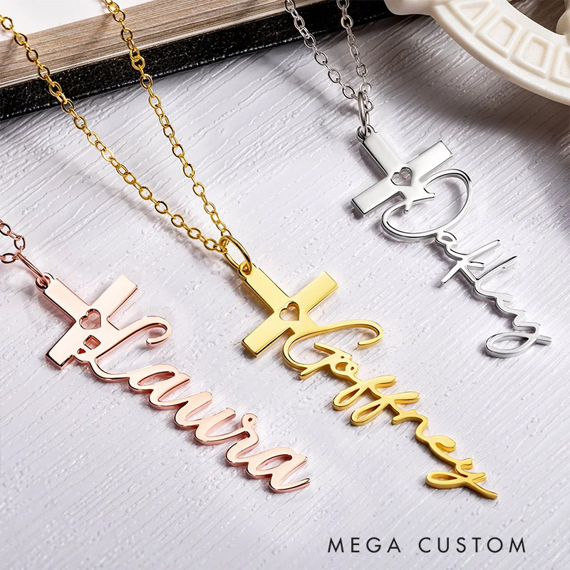 Personalized Dainty Hollow Love Cross Necklace with Name Birthday Gift Church Gift Baptism Gift for Christian Women