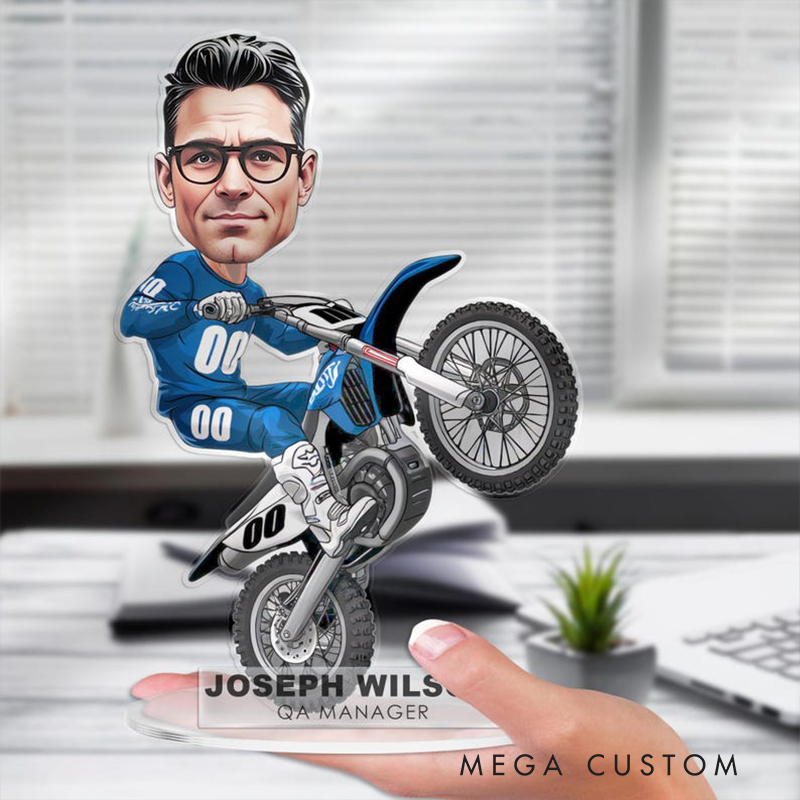 Personalized Motocross Biker Figurine Caricature Portrait Desk Name Plate Acrylic Motorcycle Dirt Bike Plaque Office Decor Gift for Colleague and Racing Lovers