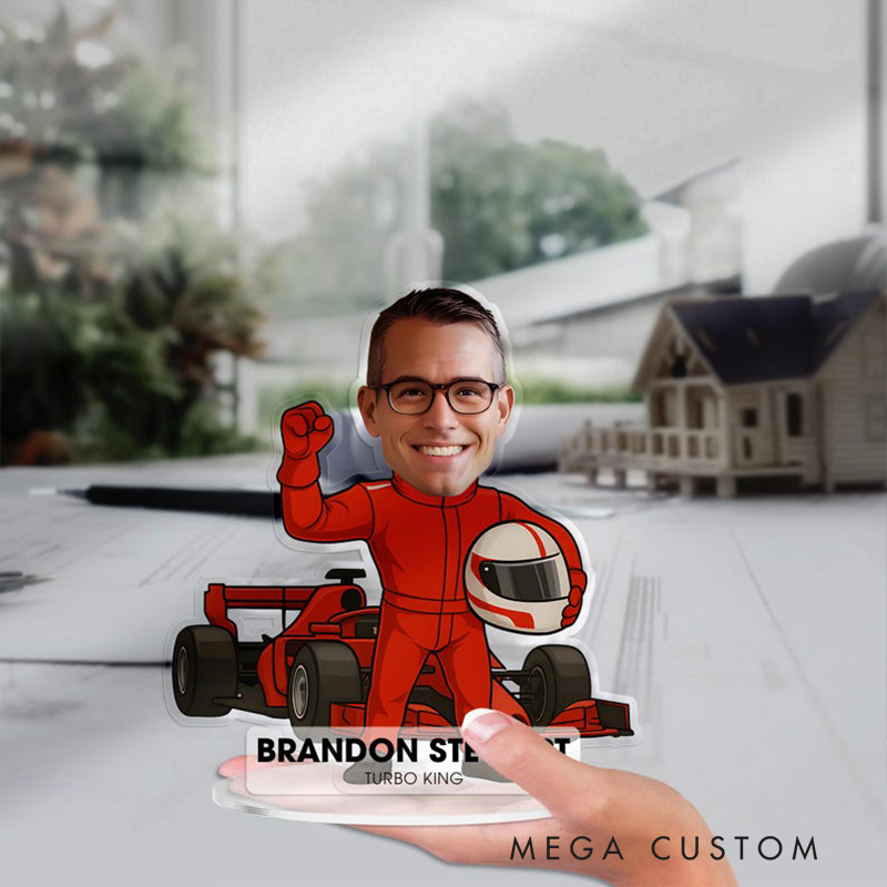Personalized Race Car Driver Acrylic Figurine Desk Name Plate Custom Portrait Caricature Plaque Gift for Colleague and Racing Lovers