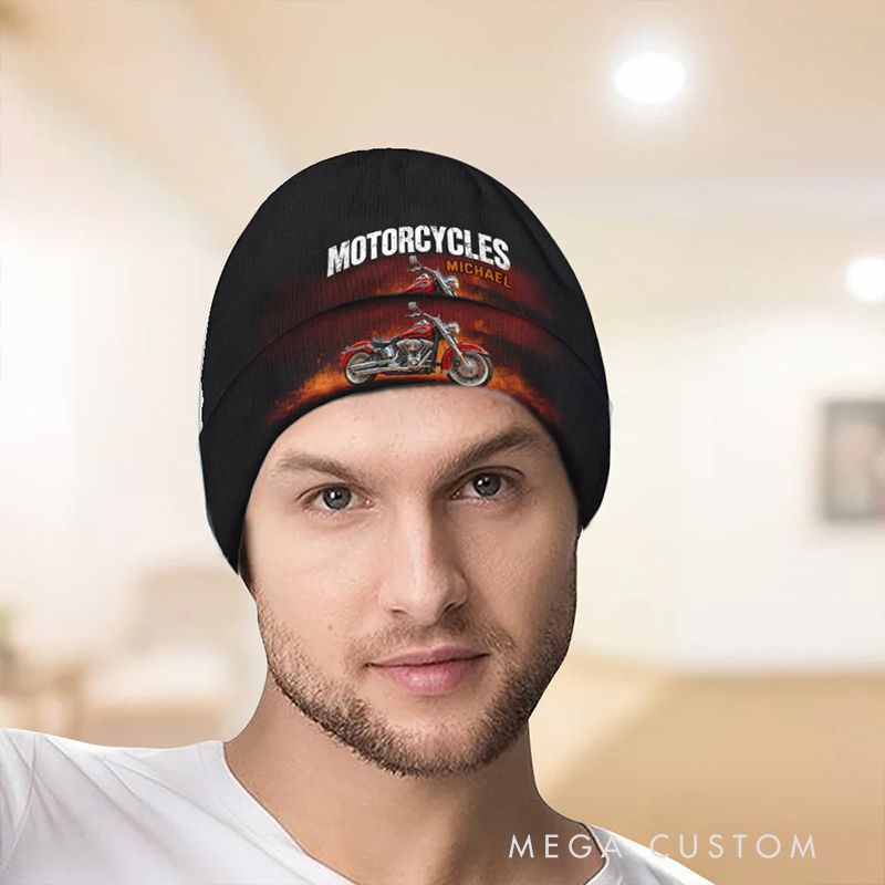 Personalized Biker Beanie Hat Custom Name  Knitted Hat Unique Gift for Bikers and Motorcycle Fans