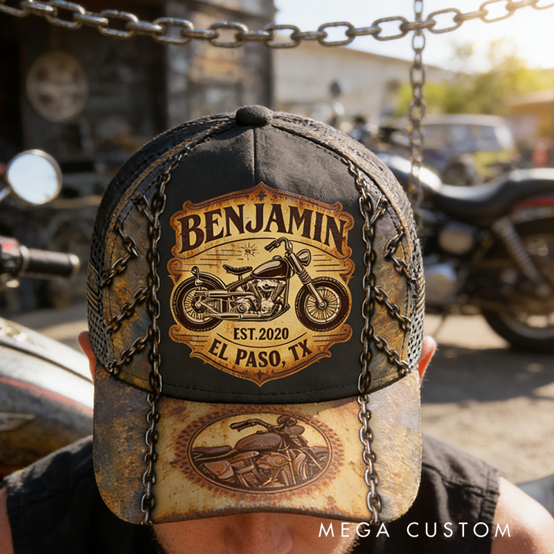 Personalized Motorcycle Cap Vintage Bike Custom Name Cap Gift for Bikers and Motorcycle Fans