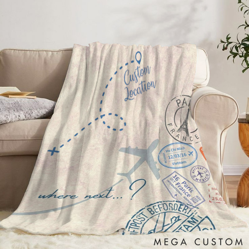 Personalized Travel Stamp Blanket Gift for Travel Lovers Where Next with Custom Location