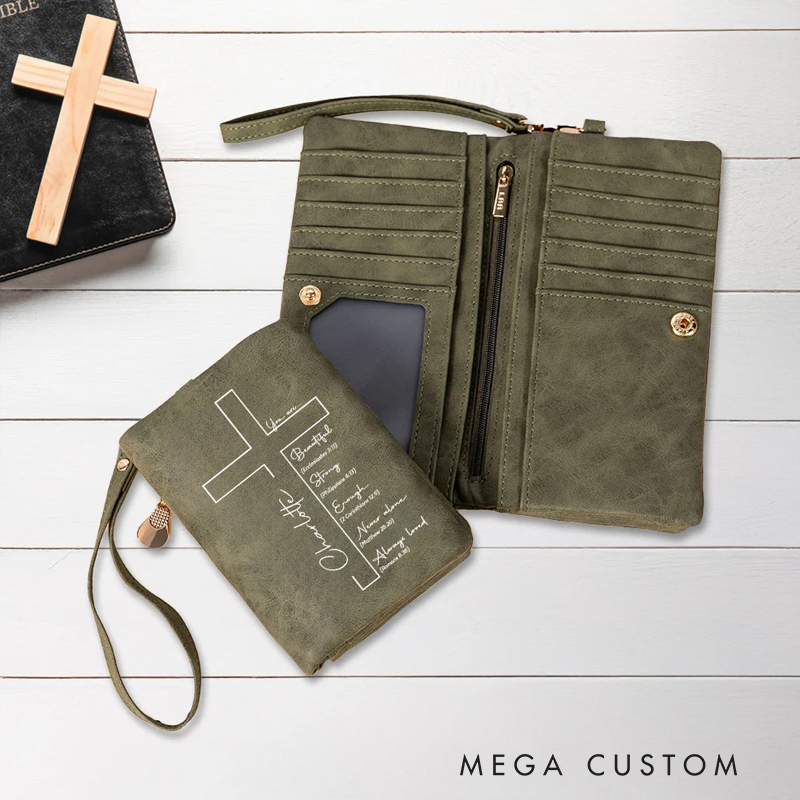 Personalized Cross Bible Verse Wristlet Tri-fold Leather Wallet with Name and Card Slots Birthday Baptism Gift for Christians Women
