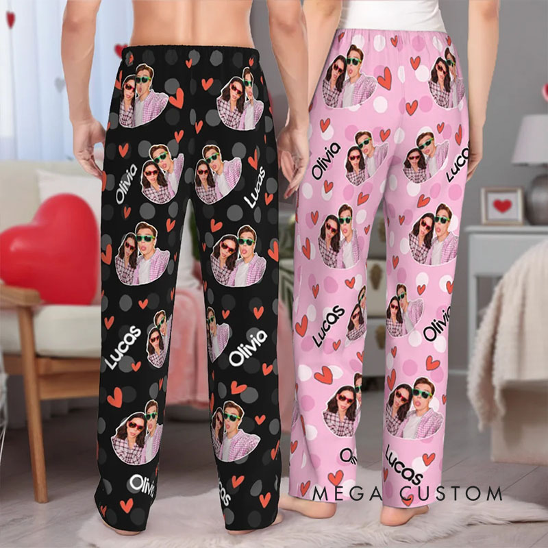 Personalized Valentine's Day Couple Faces Matching Pajama Pants Photo Pjs Bottoms for Women Men Anniversary Gift for Boyfriend Girlfriend