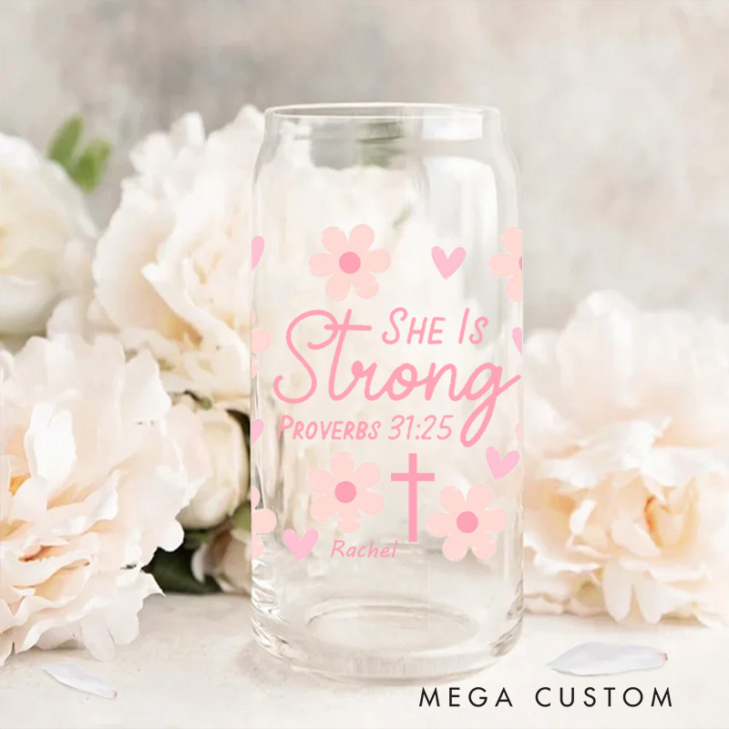 Personalized She is Strong Proverbs 31:25 Glass Cup with Lid and Straw Floral and Cross Custom Name Coffee Cup Inspirational Gift for Christian Women