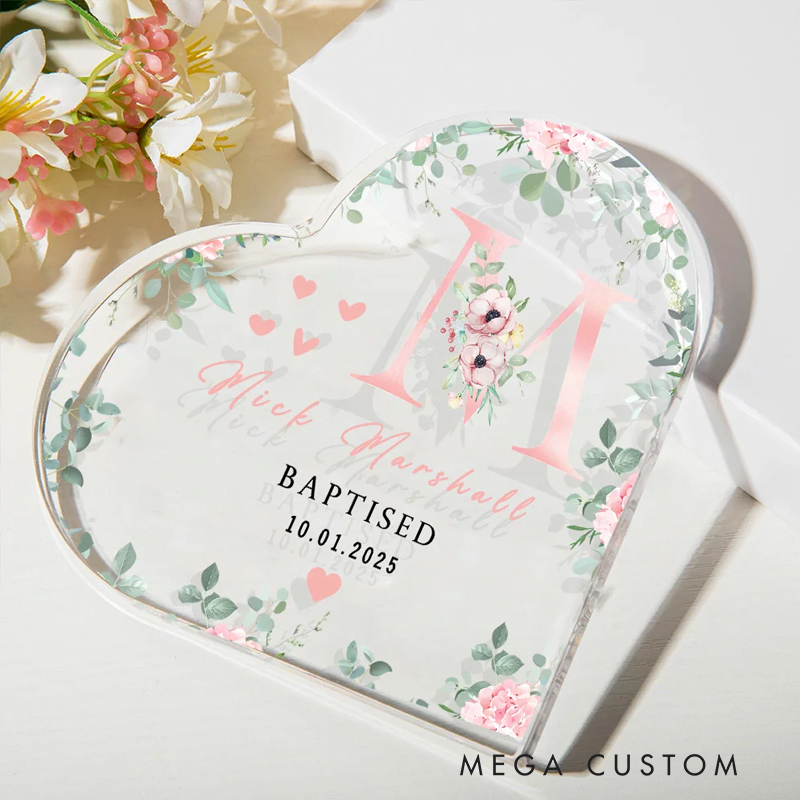 Personalized Floral Initial Heart-Shaped Acrylic Plaque with Name and Text Baptism Birthday Gift for Christian