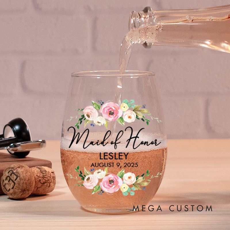 Personalized Maid of Honor Floral Wine Glasses Bride Wedding Wine Glasses Tumbler Bachelorette Party Gift