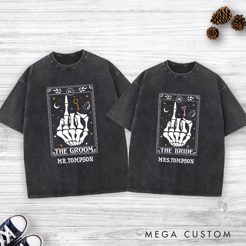 Personalized Tarot Card Skeleton Funny Gesture Bride and Groom Wedding Couple Washed T-Shirt