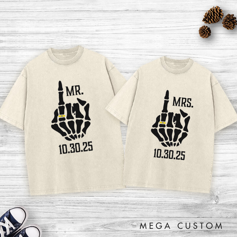 Personalized Funny Gesture Skeleton Mr and Mrs Matching Wedding Couple Washed T-Shirt
