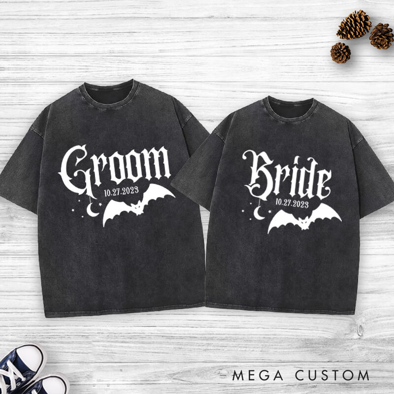 Personalized Halloween-Inspired Gothic Bride and Groom with Bat and Moon Matching Wedding Couple Washed T-Shirt