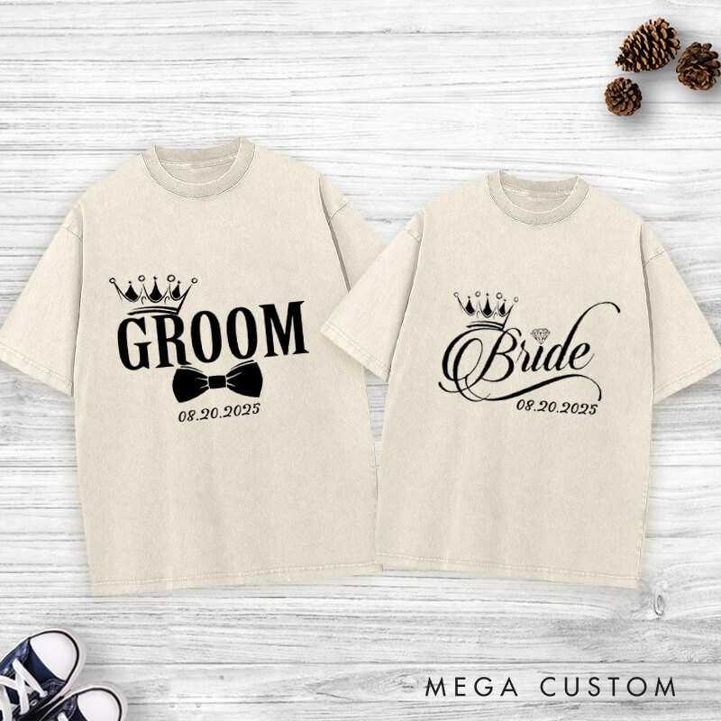 Personalized Regal Bride and Groom with Crowns and Date Matching Wedding Couple Washed T-Shirt