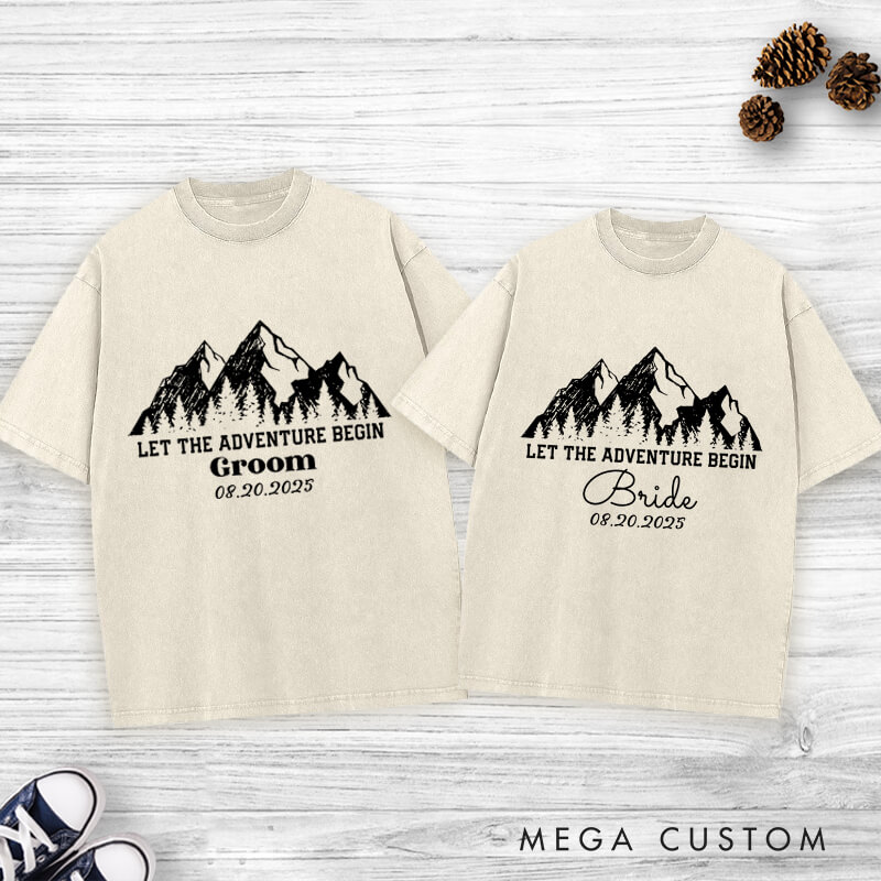 Personalized Rustic Line Mountains Let The Adventure Begin Bride and Groom Matching Wedding Couple Washed T-Shirt