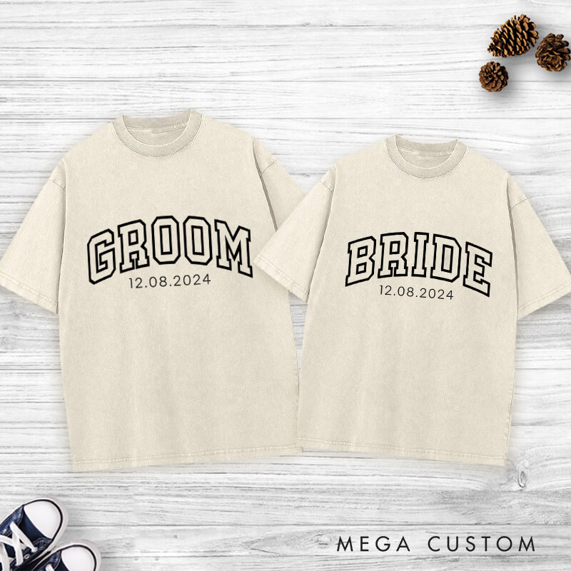 Personalized Varsity-Inspired Bride and Groom with Date Matching Wedding Couple Washed T-Shirt