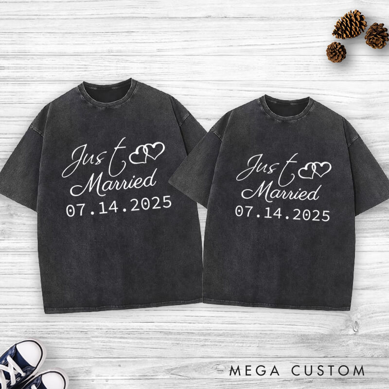 Personalized Elegant Just Married with Hearts Wedding Couple Washed T-Shirt