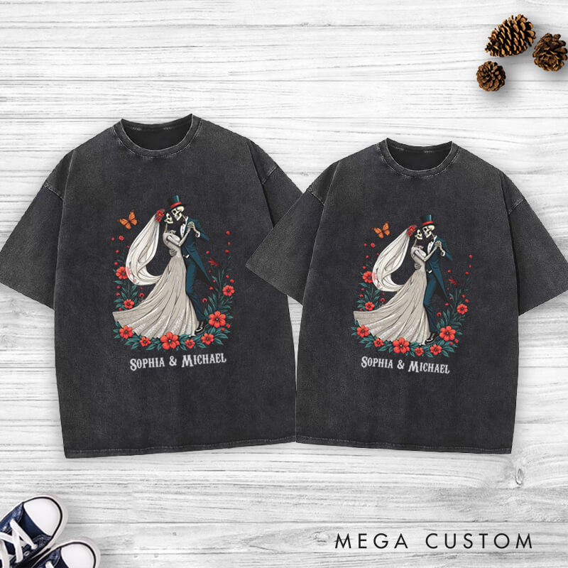 Personalized Romantic Dancing Skeleton Matching Wedding Couple Washed T-Shirt