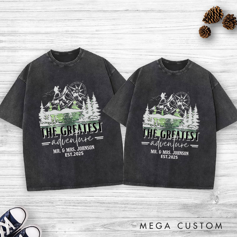Personalized The Greatest Adventure Mr and Mrs Wedding Couple Washed T-Shirt